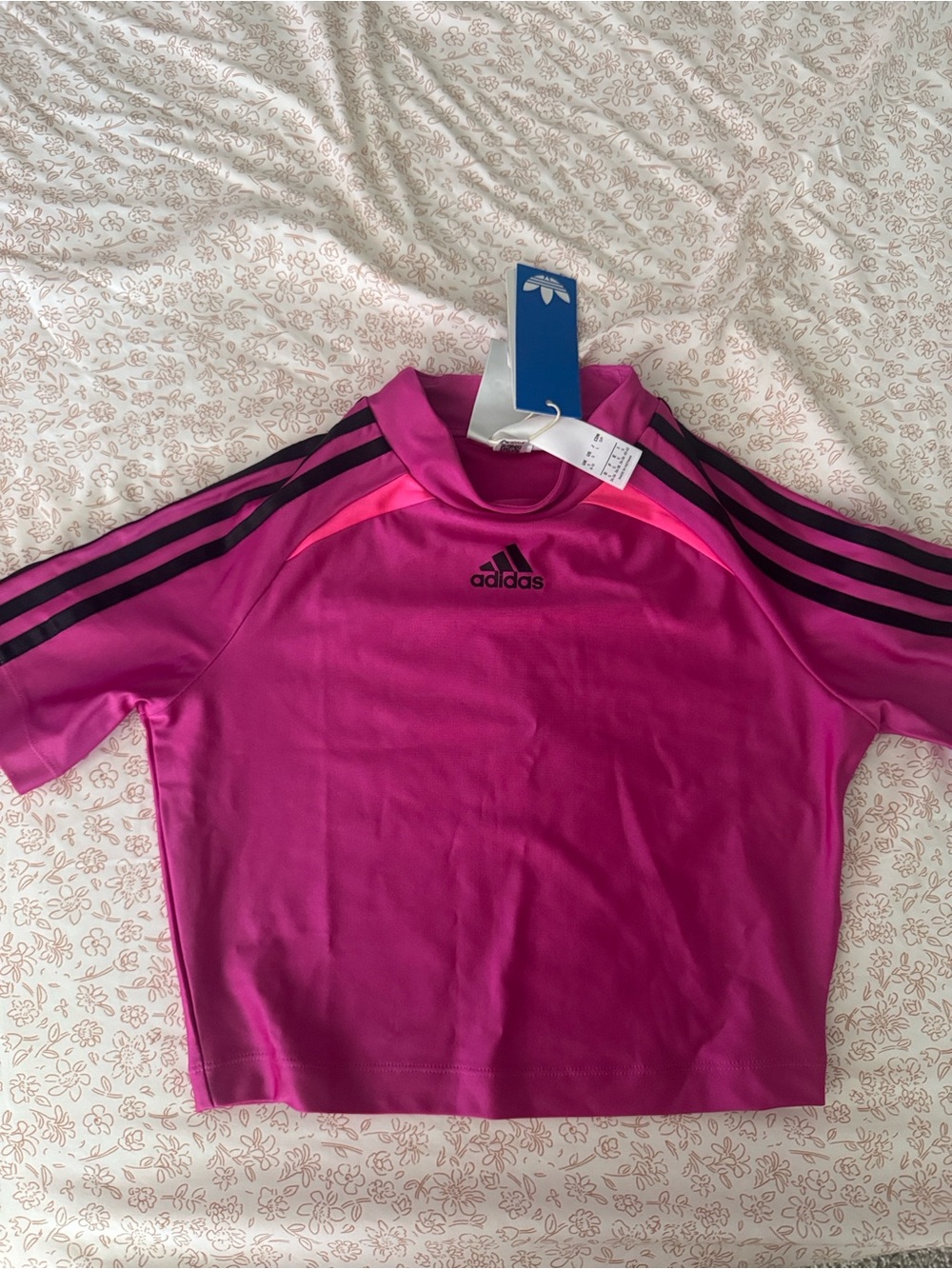 adidas Kids Bright Pink Short-Sleeve Rash Guard with Black Stripes